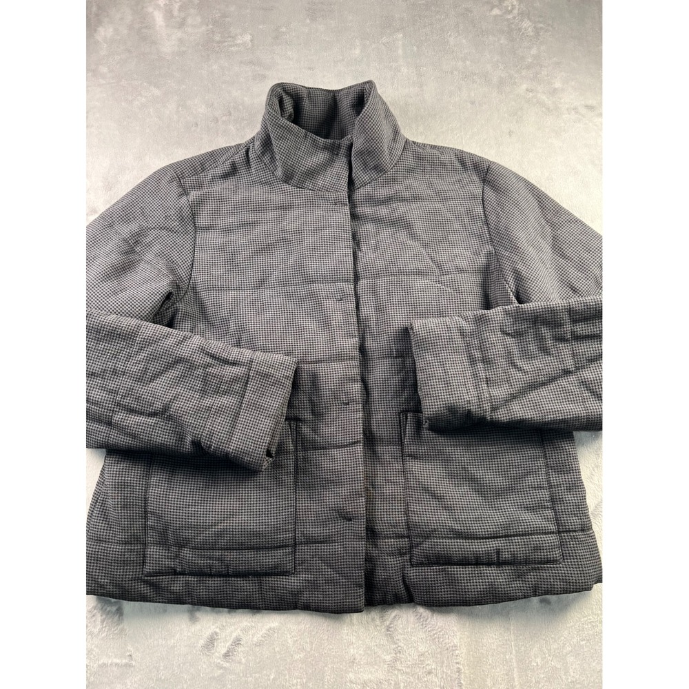 Eileen Fisher Grey Houndstooth Tencel Quilted Puffer Jacket Funnel Neck XS